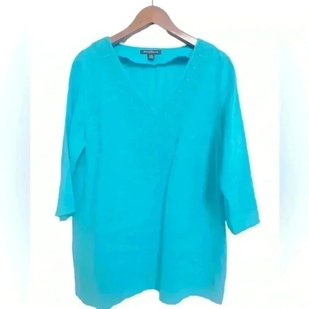 Tommy Bahama Linen Tunic Pullover Teal V Neck Embroidered Size Large